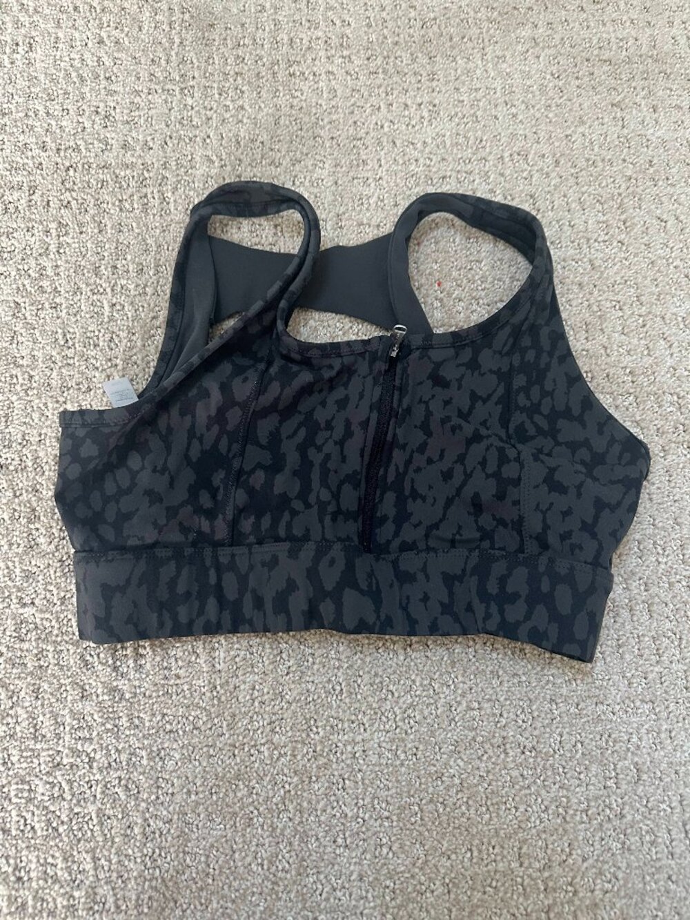 Varley Black Leopard Print Sports Bra Medium High Support Zip Front Athletic Top